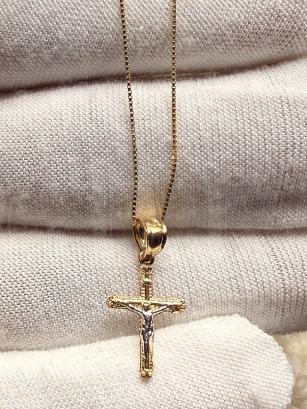 14K Two Tone Gold Tiny Crucufix Pendant With 0.8mm Box Chain - 18 inch
